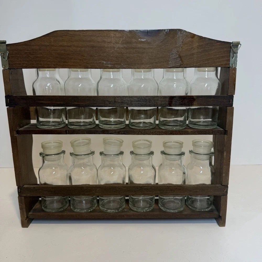 Vintage Wooden Hanging Spice Rack, 12 Glass Spice Bottles